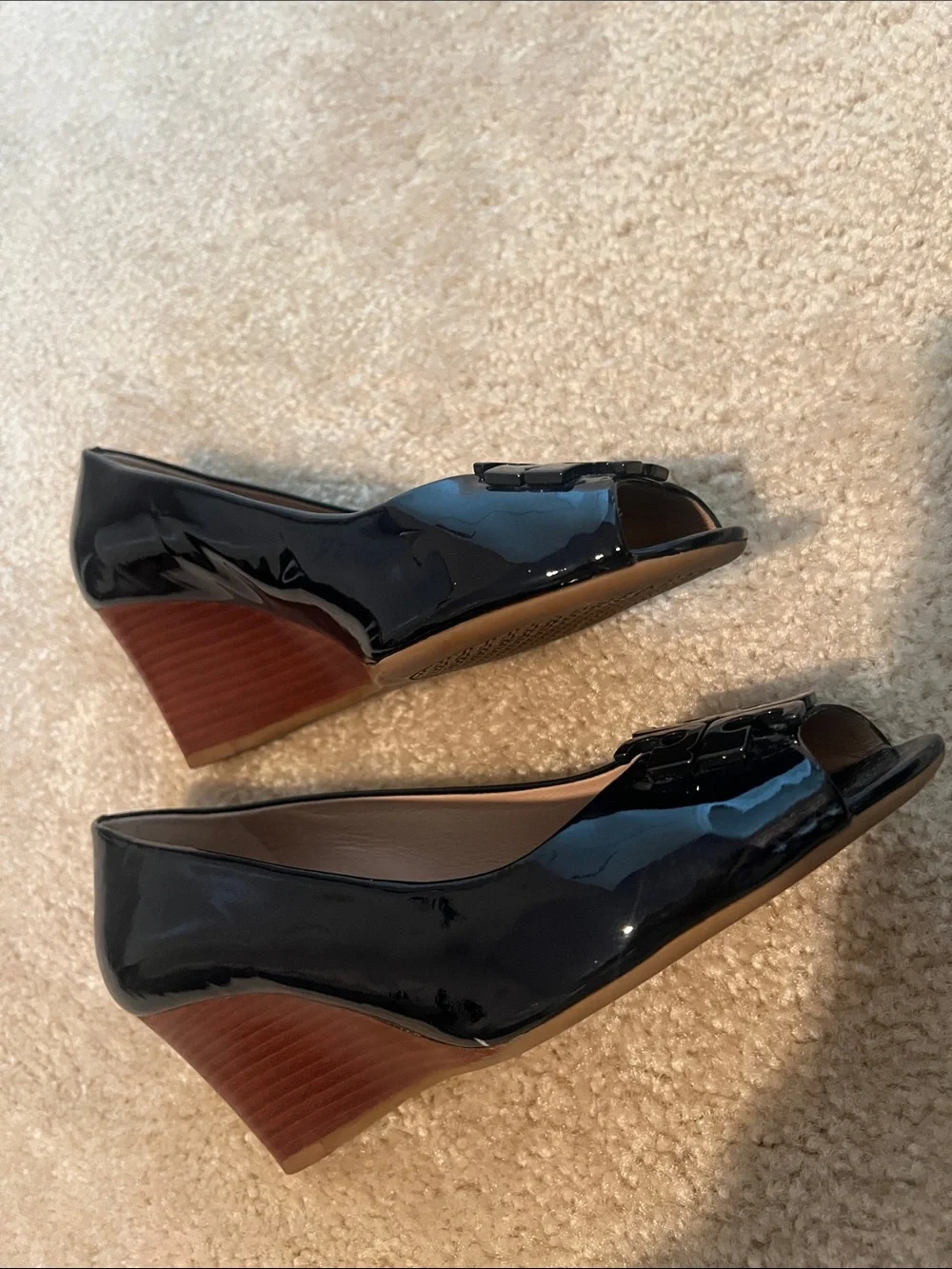 Tory Burch Black Patent Peep-Toe Wedge Flats